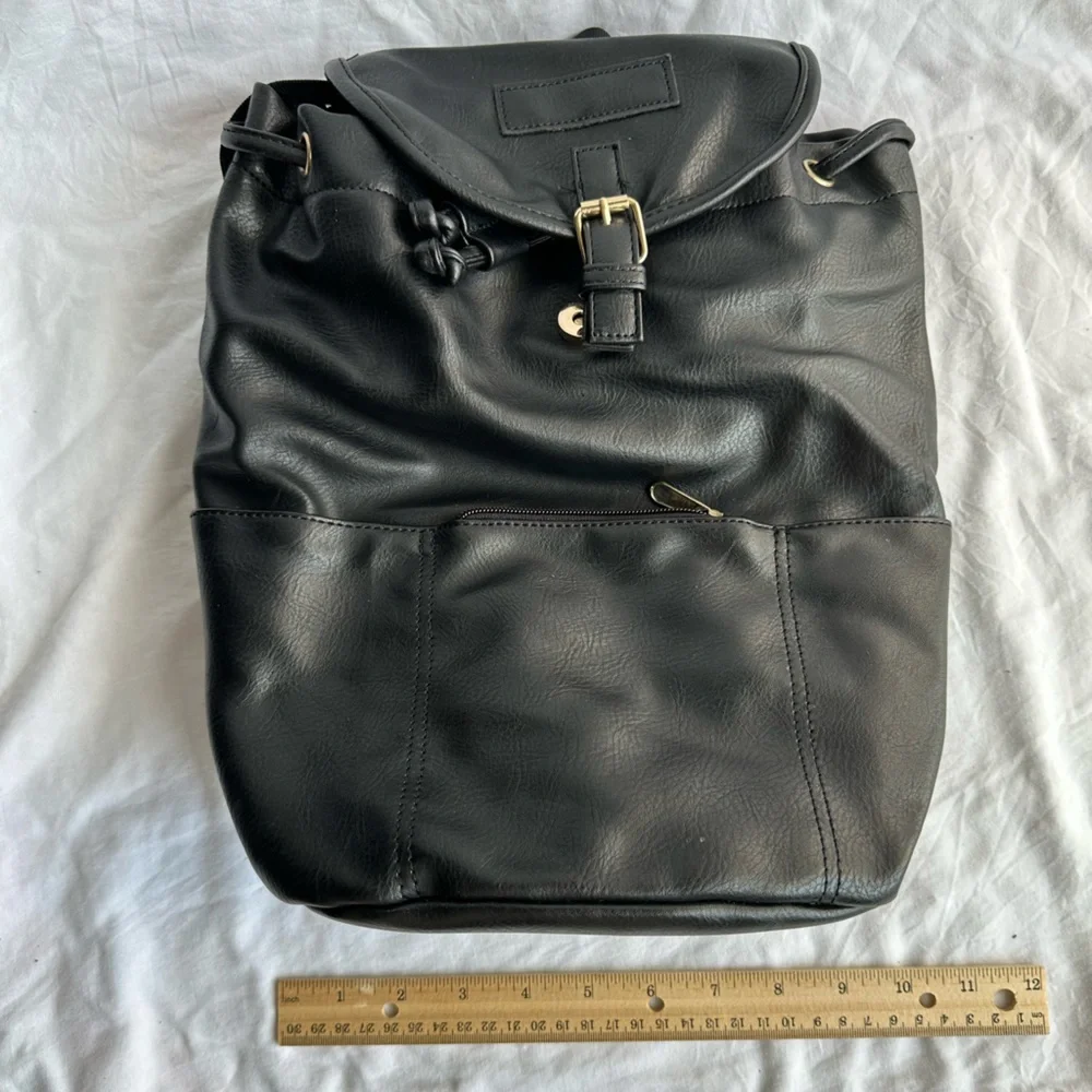 Black Faux Leather Drawstring Backpack with Gold Buckle Accent